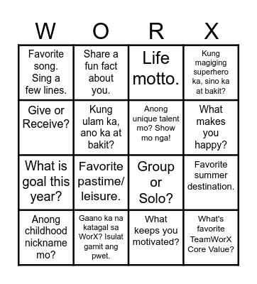 WORX HUMAN BINGO Card