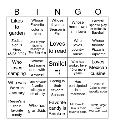 Getting to know your coworkers BINGO Card