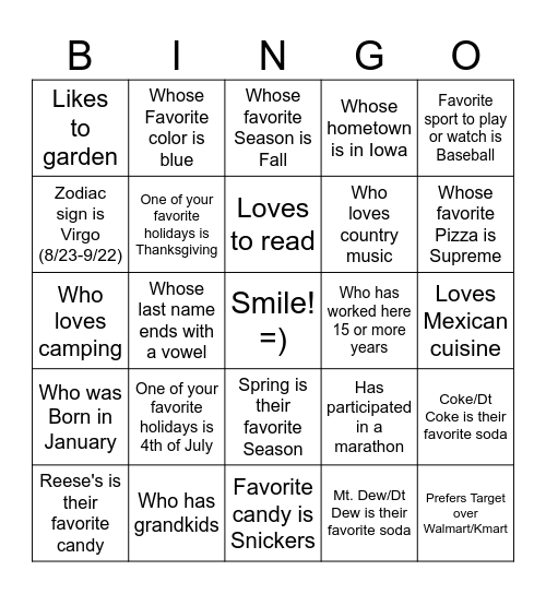 Getting to know your coworkers BINGO Card