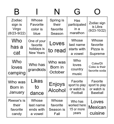 Getting to know your coworkers BINGO Card