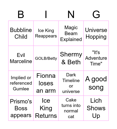 Fionna and Cake Bingo Card