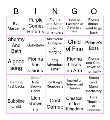 Fionna and Cake Bingo Card