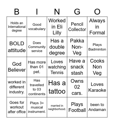 Ice Breaker Colleague Bingo Card