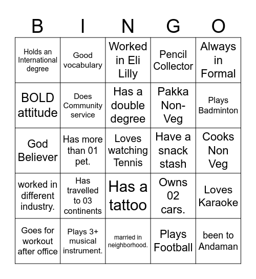 Ice Breaker Colleague Bingo Card