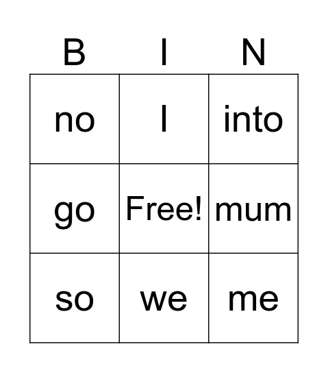 High Frequency Word BINGO Card
