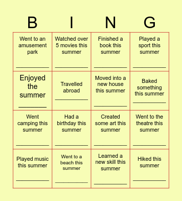 Did you go to a beach this summer? Bingo Card