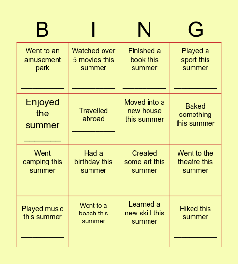 Did you go to a beach this summer? Bingo Card