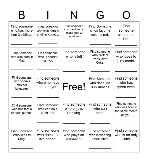 Find Someone Who Bingo Card