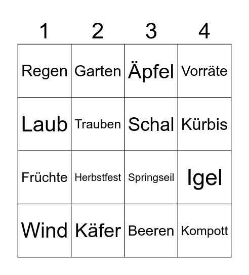 Bingo 4. Klasse Bingo Card
