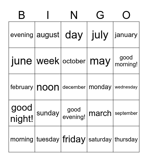 Time of Day Bingo Card