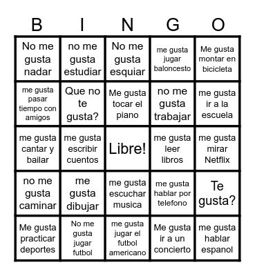 Dimitrova Sp 1 Unit 2 Me gusta Bingo Card