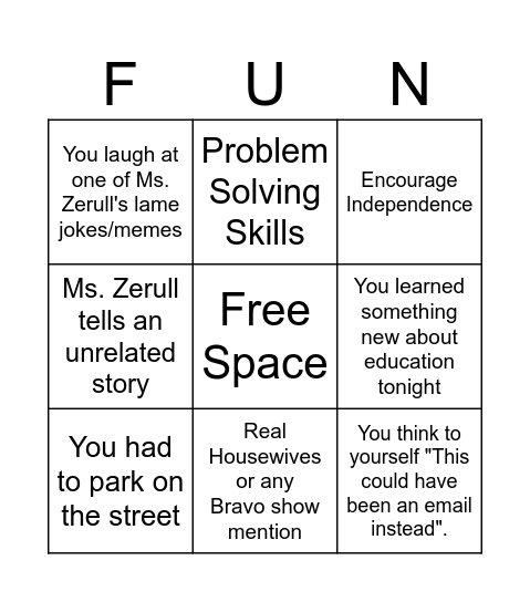 Curriculum Night Bingo Card