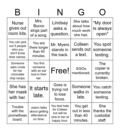 Faculty Meeting Bingo Card