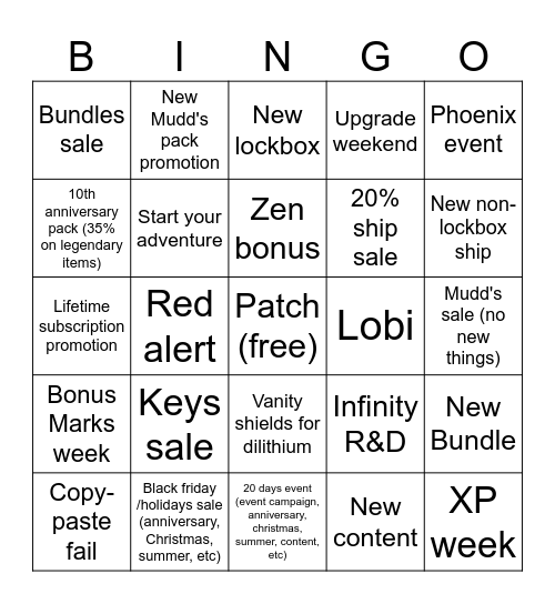 STO Bingo Card