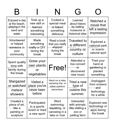 InstaSummer Bingo Card