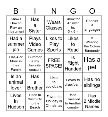 "Get to Know Me" Bingo Card