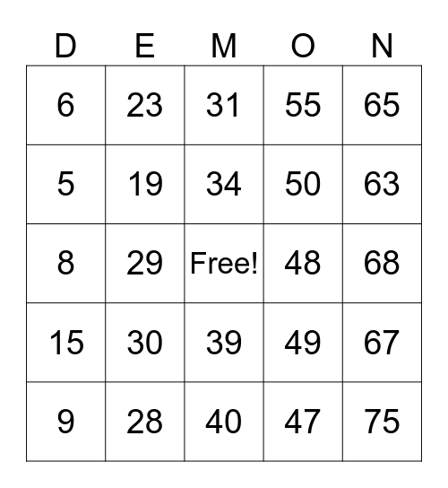 Demons Got Game Bingo Card