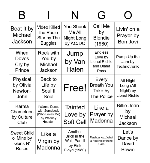 80s Music Bingo Card