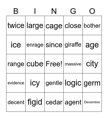 /j/ and /s/ spelled with g and c Bingo Card