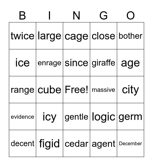 /j/ and /s/ spelled with g and c Bingo Card