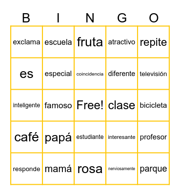 Spanish Cognates Bingo Card