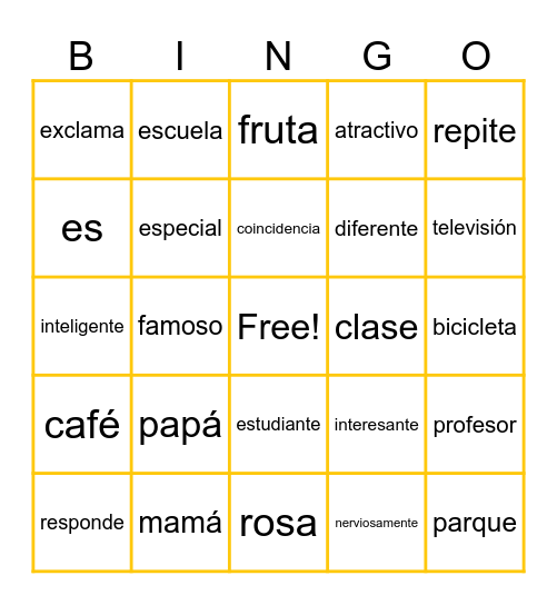 Spanish Cognates Bingo Card