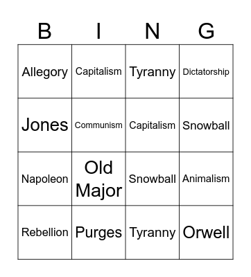 Animal Farm Bingo Card
