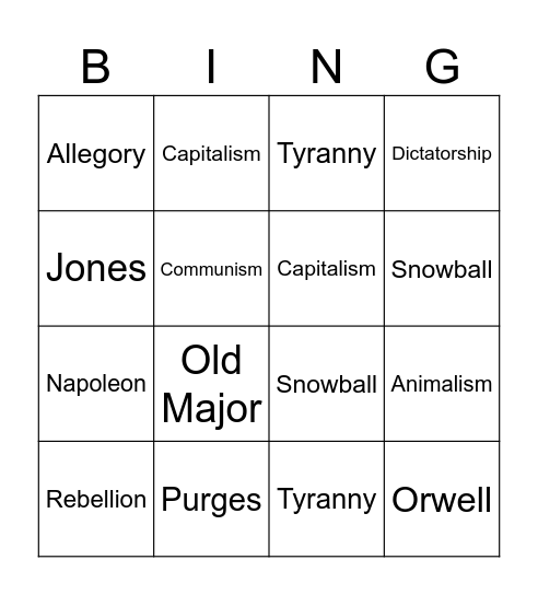 Animal Farm Bingo Card