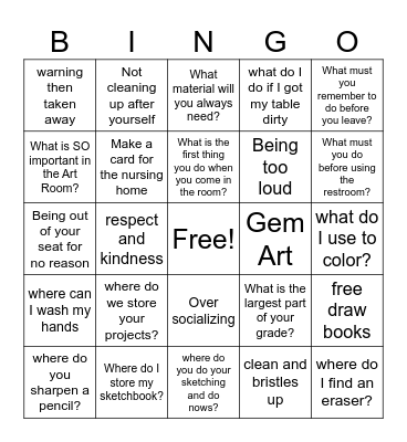 7th grade art bingo Card