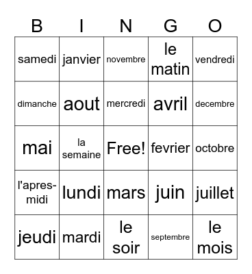 Les jours et les mois Bingo Card