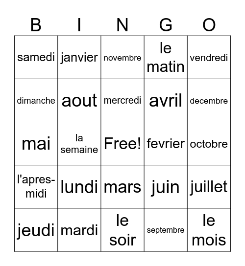 Les jours et les mois Bingo Card