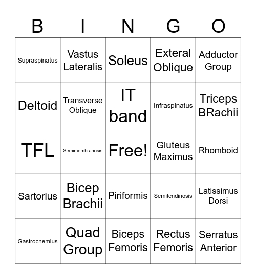 Muscle Bingo Card