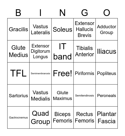 Lower Body Muscle Bingo Card