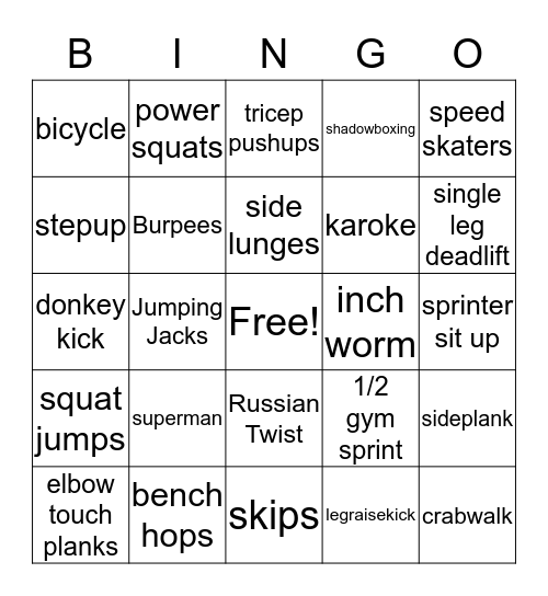 Fitness Bingo Card