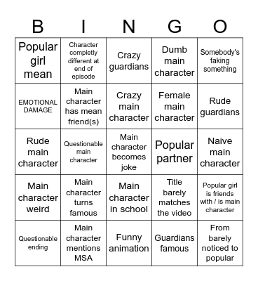 My story animated(MSA) Bingo Card
