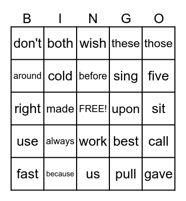 Dolch Sight Words Bingo Card