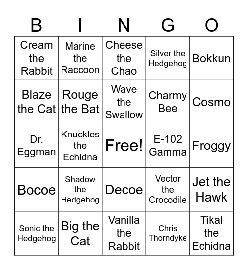 Sonic The Hedgehog Bingo Card