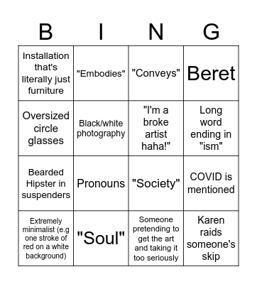 Pretentious Artist Bingo Card