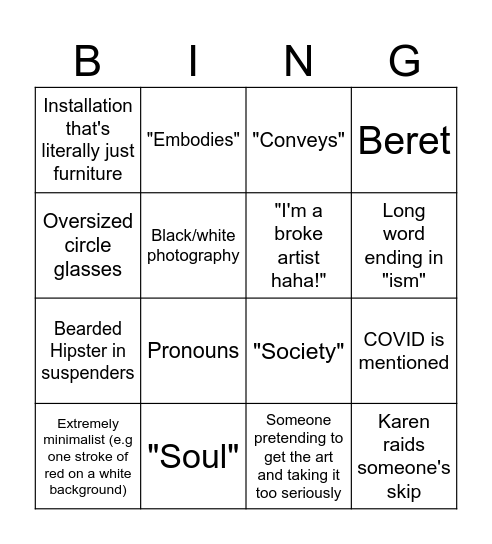 Pretentious Artist Bingo Card