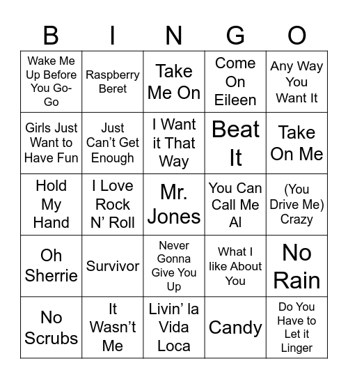 80's and 90's Hits Bingo Card