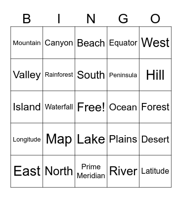 Geography Vocabulary Bingo Card