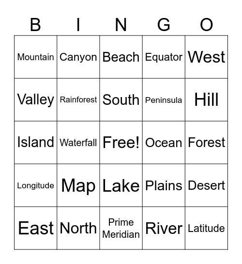 Geography Vocabulary Bingo Card