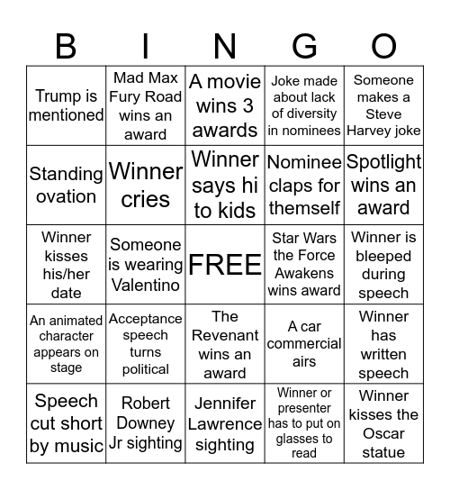 Oscar BINGO 2016 Bingo Card