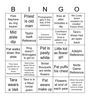 Pat's Wedding Ceremony Bingo Card