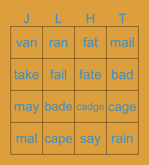 Long A or Short A Bingo Card