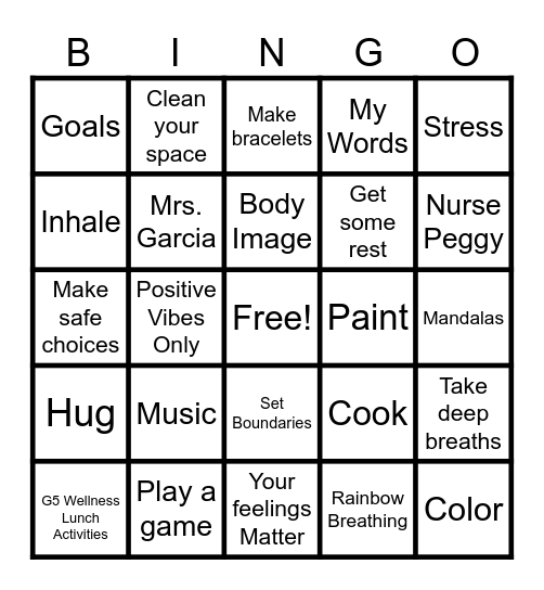 Wellness Center Bingo Card