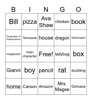 Common & Proper Nouns Bingo Card