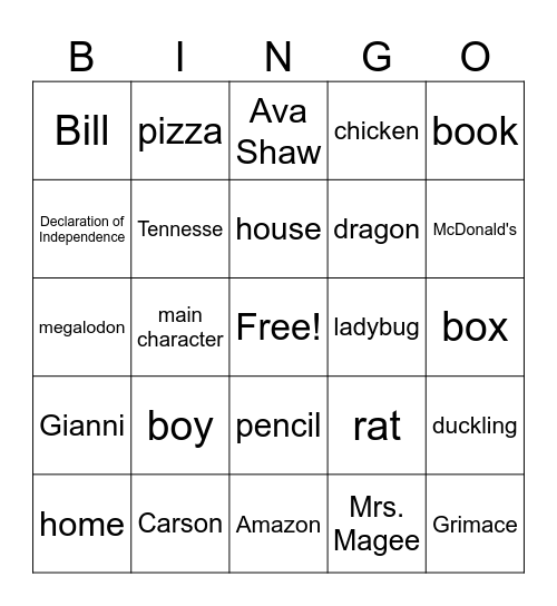 Common & Proper Nouns Bingo Card