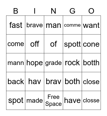 Spelling Bingo Card