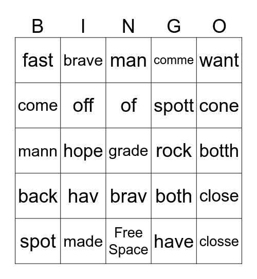 Spelling Bingo Card